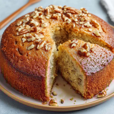 Une portion de gâteau moelleux aux noix, servie sur un plateau.