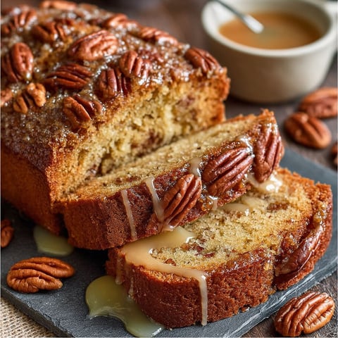 Une portion de gâteau moelleux aux noix de pécan, servi sur un plateau de granit.