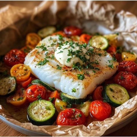 Une poêlée de cabillaud vapeur aux légumes et sauce aïoli légère.