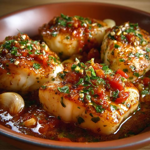 Une assiette de cabillauds sauce tomate ail persil.