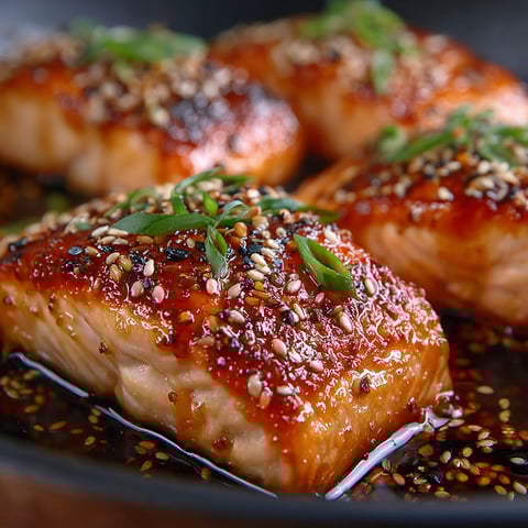 Saumon grillé avec une sauce soja, miel et sésame.