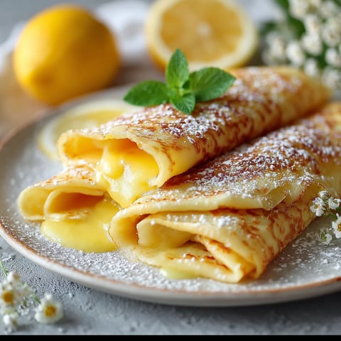 Une plaque de crêpes au citron avec des citrons et des herbes sur les crêpes.