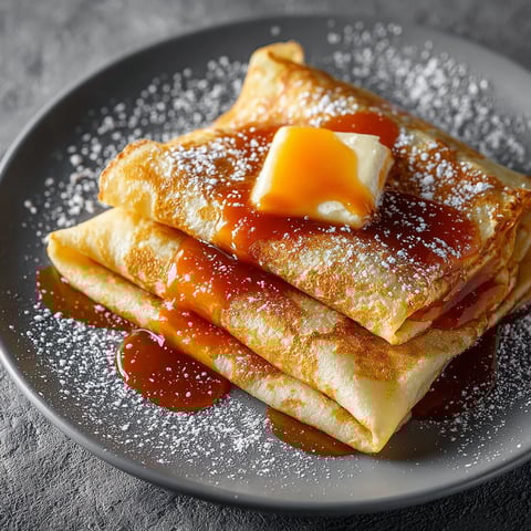 Une pile de crêpes au caramel au beurre salé, garnies de sucre et de caramel, sur un plateau.