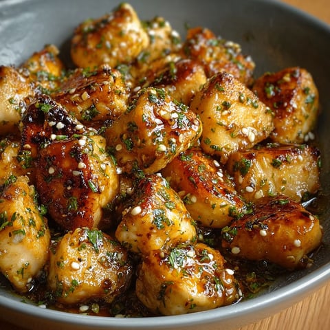 Bouchées de poulet caramélisées, ail et persil, dans un bol sur une table de travail.
