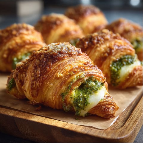 Mini croissants pesto et mozzarella sur une planche de bois.