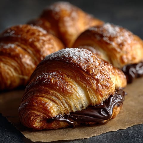 Des mini croissants au chocolat, garnis de sucre et de chocolat fondu, sont présentés sur une table.