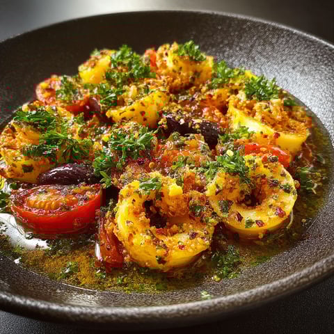 Une assiette de Calmars à la Provençale, avec des tomates, des herbes et des épices, est servie sur une table noire.