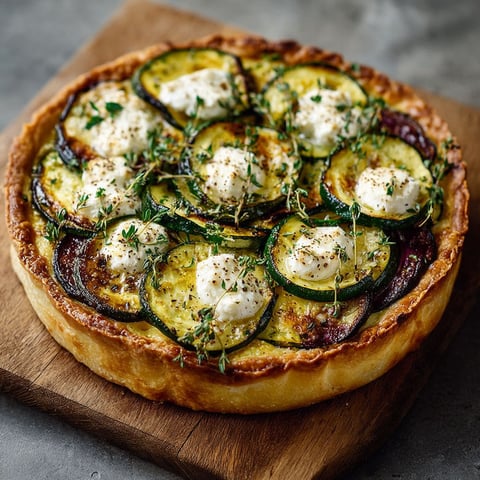 Une tarte courgettes et chèvre est servie sur un plateau en bois.