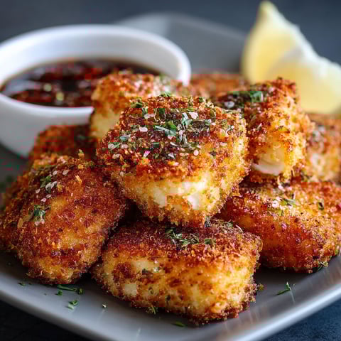 Une assiette de Nuggets de Poisson Croustillants, avec une sauce et une citronnade.