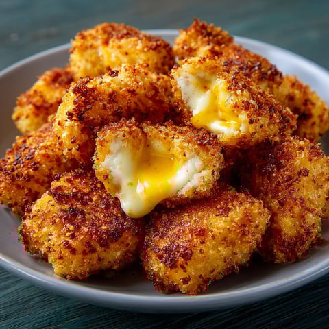 Une assiette de Nuggets de Poulet au Fromage, avec des morceaux de poulet et du fromage mélangés.
