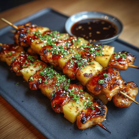 Des brochettes de poulet teriyaki et d'ananas, garnies d'herbes et de sauce, servents de plat principal pour une délicieuse cuisine asiatique.