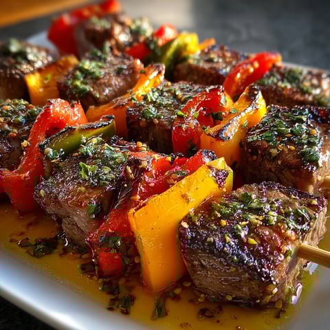 Des brochettes de bœuf et de poivrons, garnies d'herbes et de sauce, présentées sur un plateau.