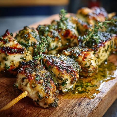 Des brochettes de poulet aux herbes sur une planche de bois.