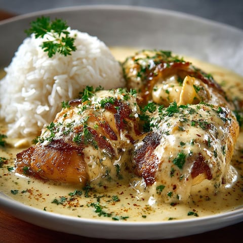 Une poitrine de poulet sauce suprême avec des herbes et des riz.