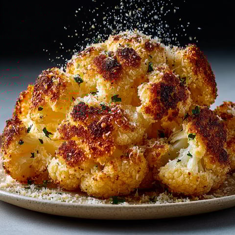 Une pile de chou-fleur rôti au Parmesan sur un plateau.