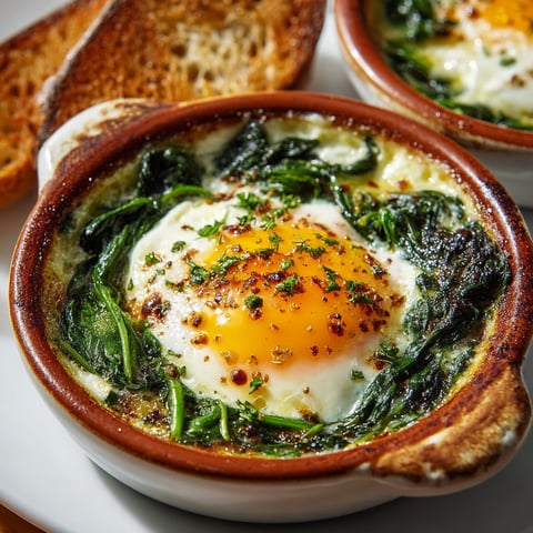 Une poêlée d'œufs cocottes chèvre épinards express, accompagnée de pain grillé, est servie sur un plateau.