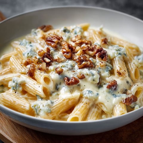 Une assiette de pâtes crémeuses au gorgonzola, avec des noix de cajou et des baies de cranberry, est servie sur un plateau en bois.
