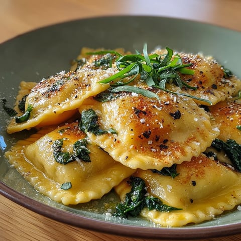 Un plat de raviolis poêlés ricotta-épinards, avec des épinards et du ricotta, servis sur une table.
