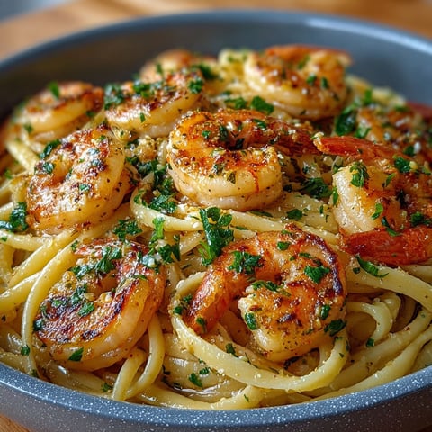 Une plate de linguine crémeuses aux crevettes, servie sur un plateau de bois.