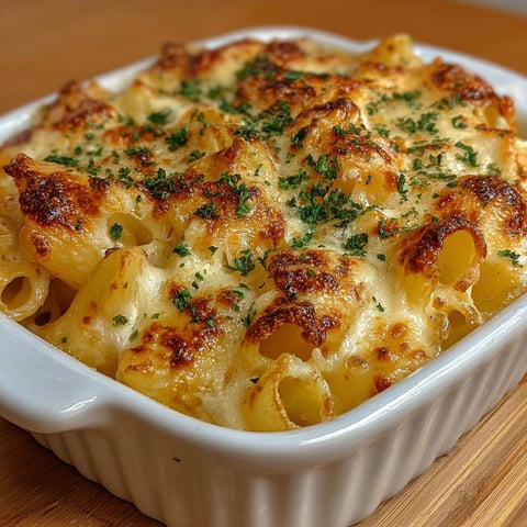 Un plat de gratin de pâtes ultra fondant, avec des herbes et des légumes, est prêt à être servi.