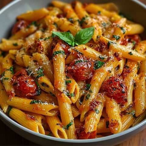 Une assiette de penne crémeuses tomate et basilic, avec des tomates et des herbes fraîches sur les pâtes.
