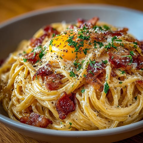Spaghettis carbonara à l'œuf coulant, une recette italienne classique, est servie dans un bol en verre.