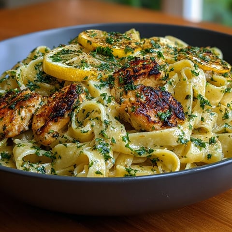 Une assiette de tagliatelles au poulet citronné et persil, servie sur une table de bois.