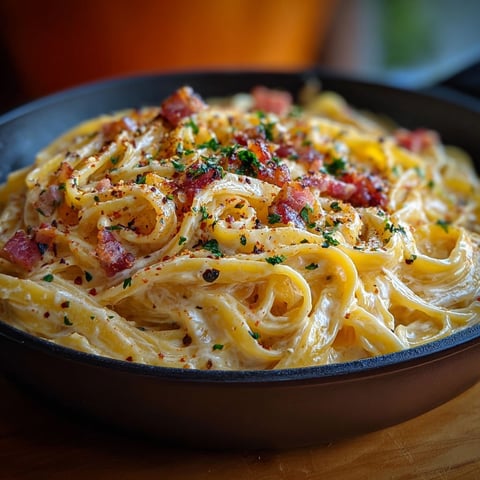 Une tasse de tagliatelles crémeuses citron et lardons, servie dans un bol en métal.