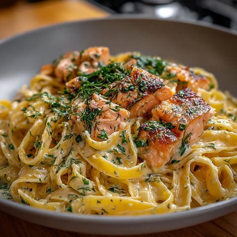 Une assiette de tagliatelles crémeuses au saumon et aneth, avec des morceaux de saumon et des herbes fraîches.