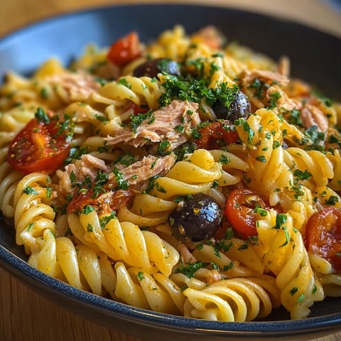 Une assiette de fusilli au thon, olives et tomates, servie sur une table de bois.