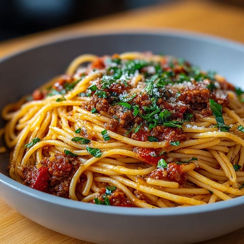 Une plate de spaghetti bolognaise express, avec des herbes et des tomates, est servie sur une table.