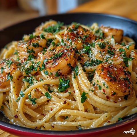 Une assiette de linguine crémeuses aux crevettes épicées, servie sur une table.