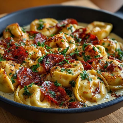 Tortellini crémeux au chorizo, une recette savoureuse et délicieuse, est servie dans un bol sur une table de travail.