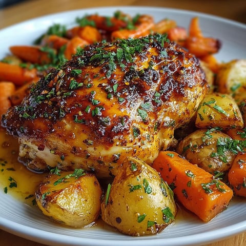 Un poulet rôti glacé aux grenailles et carottes est présenté sur un plateau.