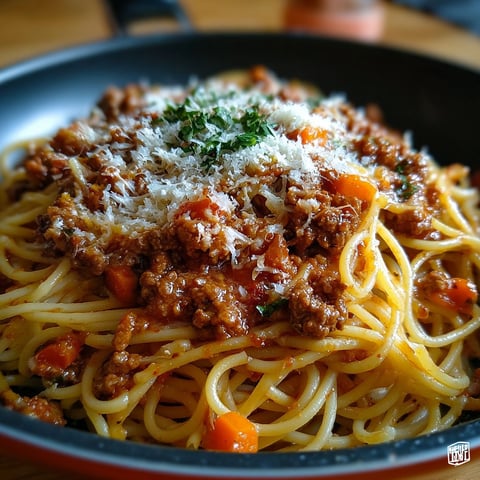 Une delicieuse préparation de spaghetti bolognaise maison, servie dans un bol en verre.