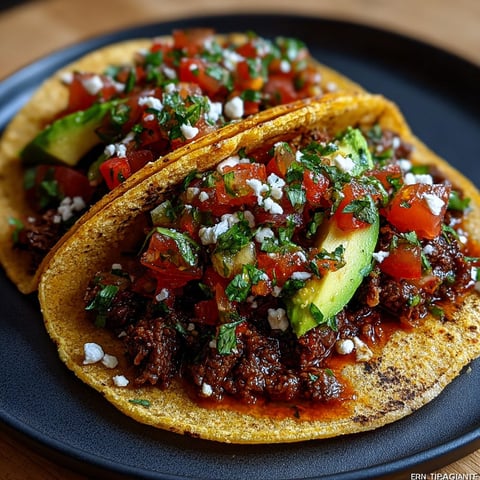 Tacos de bœuf épicé, salsa tomate & avocat.