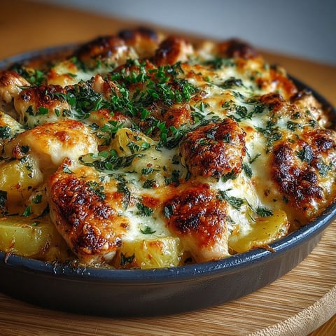 Une recette de gratin de poulet, pommes de terre et mozzarella, servie dans un plat en gris.