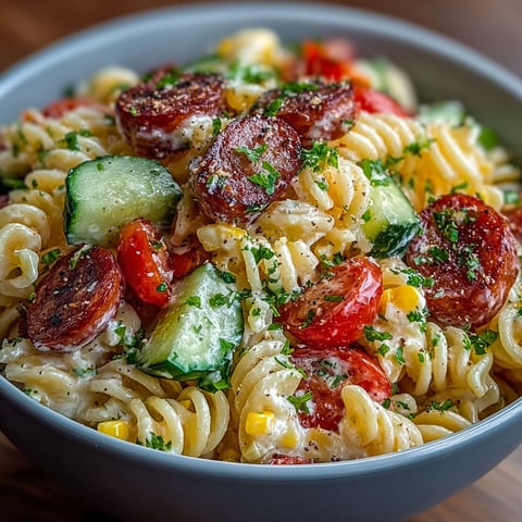 Une salade de pâtes crémeuse au chorizo et maïs, avec des légumes verts et des tomates, est servie dans un bol sur une table.