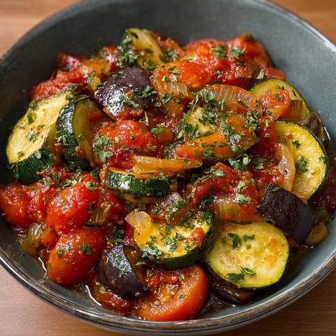 Une assiette de ratatouille express en sauce tomate est servie sur une table.