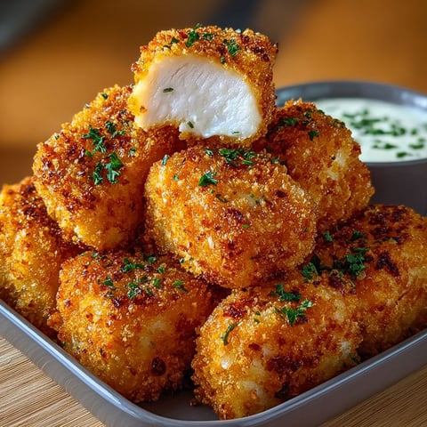 Une pile de bouchées de poulet panées et sauce yaourt, prêtes à être mangées.