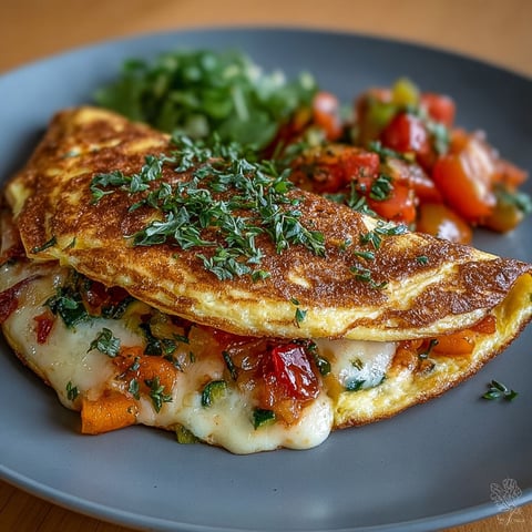 Une omelette farcie fondante aux légumes et mozzarella, garnie de carottes et de tomates, est servie sur un plateau.