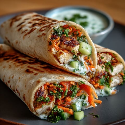 Un wrap de poulet grillé, crudités croquantes et sauce yaourt sur un plateau.