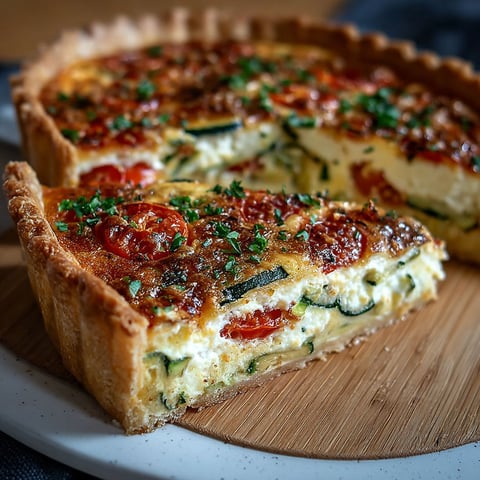 Une quiche aux courgettes, tomates et ricotta, prête à être dégustée.