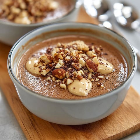 Une crème dessert chocolat et noisettes croquantes est servie dans un bol sur une planche de bois.