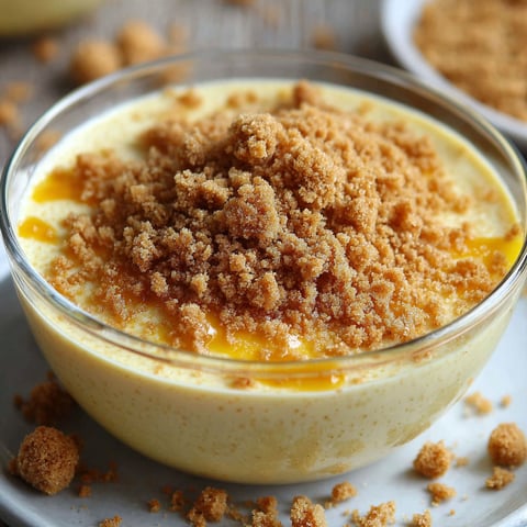 Une crème dessert vanillée au crumble croustillant est servie dans un bol.