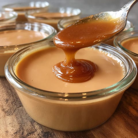 Une cuillère de caramel fondant est versée dans une assiette contenant une crème dessert.