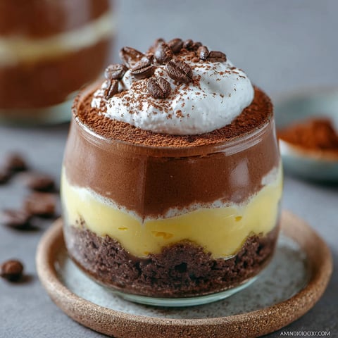 Une délicieuse crème chocolat et café façon gourmande, présentée dans un verre transparent, est servie sur un plateau.