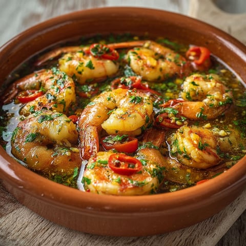 Une assiette de gambas à l'ail façon tapas, avec des légumes et des épices pour une saveur unique et délicieuse.