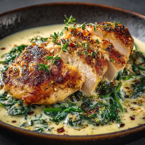 Une poitrine de poulet grillée est servie avec une sauce à la crème et des épinards.