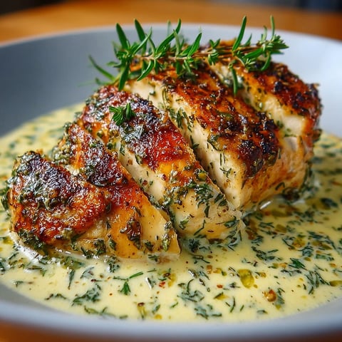 Une portion de poulet grillé avec une sauce crémeuse et des herbes fraîches.